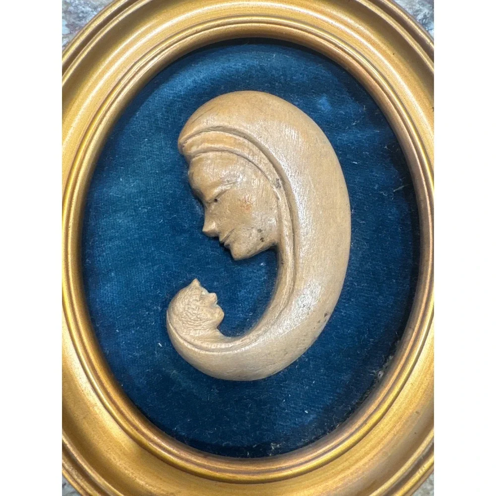 Vintage Robert E McDonald‎ Signed Wood Carving Madonna Child Gold Frame 1976 Art